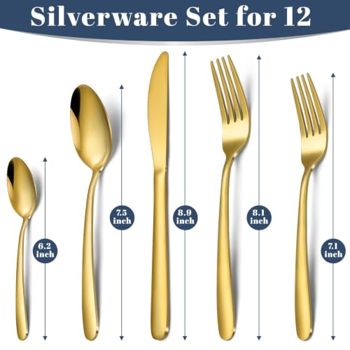 Hunnycook Gold 60-Piece Stainless Steel Silverware Set for 12 - Dishwasher Safe Kitchen Utensil Set