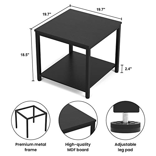 Homieasy Black 20-Inch Square 2-Tier Metal Wood Side Table for Living Room & Bedroom