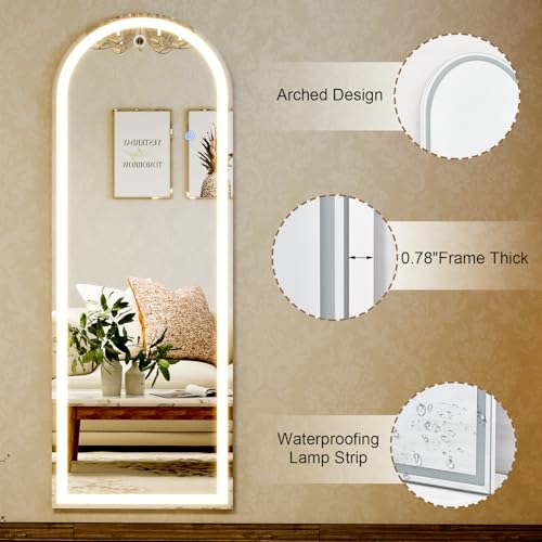 GLSLAND 20x56 Inch Arched LED Lighted Floor Mirror - Full Length, Dimmable, Wall or Floor Mount