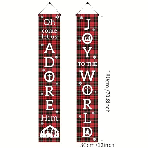 BlissYard Joy To The World Holiday Door Banner - Red & Black Plaid, Snowflake Pattern, Vertical 71x12 Inch - Variation Joy 1