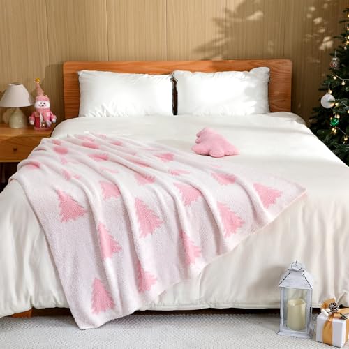 Hillsuren Pink & White Christmas Tree Throw Blanket & Pillow Set, 50 x 60 In, Double-Sided