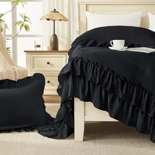 Andency Black King Ruffle Comforter Set - 3 Piece Solid Bedding with Pillowcases