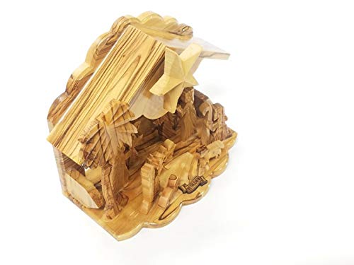 Bethlehem Gifts TM 6" Carved Bethlehem Olive Wood Nativity Set with Music Stable & Glued Figurines - Christmas Scene