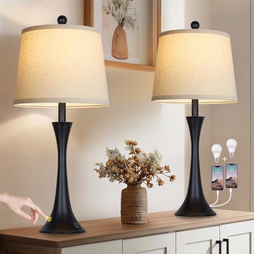 Black 27.5" Modern Touch Table Lamps Set of 2 with USB-C+A Ports, Dimmable Nightstand Lamps, Bulbs Included