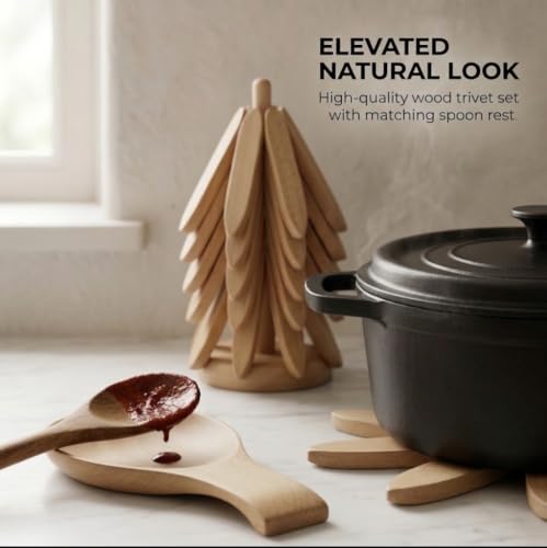 Rynic Beech Wood 10-Piece Trivet Set with Stand & Kitchen Utensils