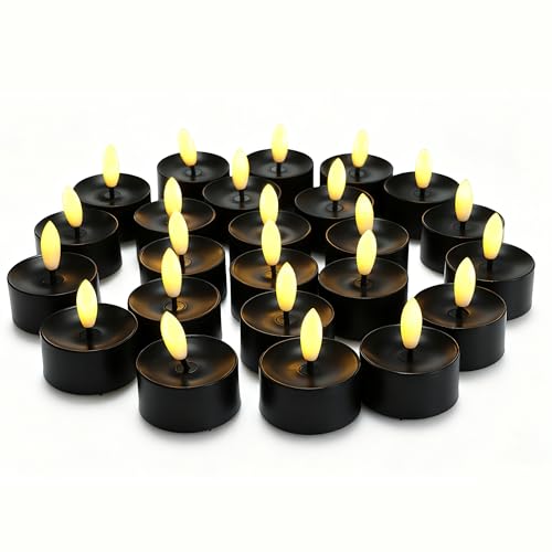 Black Flameless LED Tea Lights - 24 Pack, D1.5"xH1.7" - Battery Operated Candles
