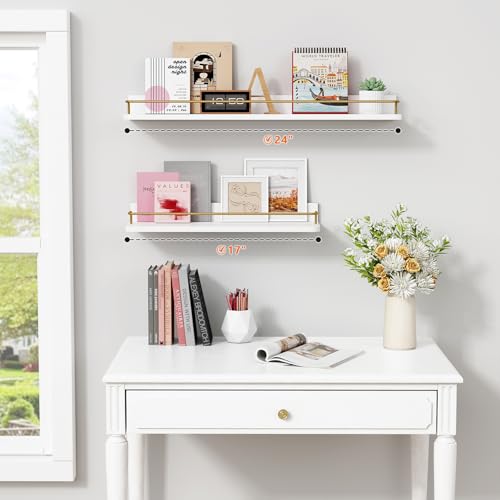 24 Inch Bathroom Floating Shelves Set of 3 Wall Mounted with Rail White and Gold Variation