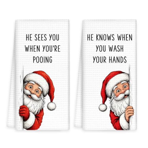 OINDADE Xmas 3 Christmas Santa Hand Towels Set of 2 - Festive Bathroom Decor