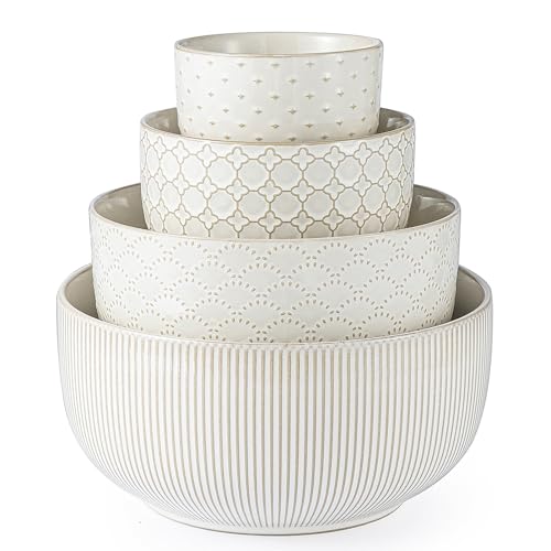 Mikiegy Ceramic Mixing Bowls Set of 4, Nesting Embossment Stoneware