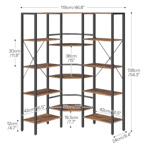 Industrial Corner Bookshelf - 5-Tier L-Shaped Bookcase with Rustic Finish