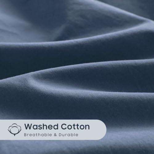 Queen Cotton Duvet Cover Set - Dark Blue, 100% Washed Cotton, Linen Look, Breathable & Durable, Farmhouse Style