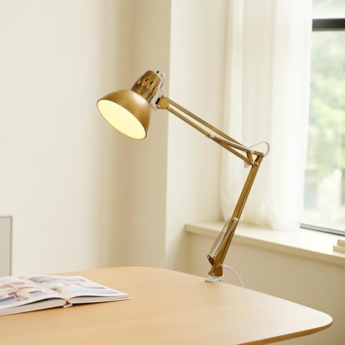 Gold 32-Inch Multi-Joint Desk Lamp with Clamp - Matte Brass Finish, Adjustable Swing Arm, Home Office Lighting Variation