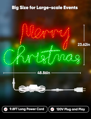 HeliosRibbon 48 Inch Merry Christmas LED Light Sign - Red & Green Outdoor Decor