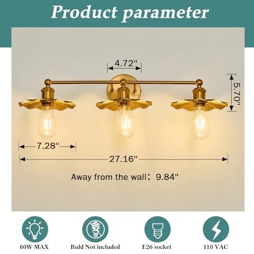 3-Light Vintage Vanity Light Fixture - Gold Bathroom Mirror Lighting