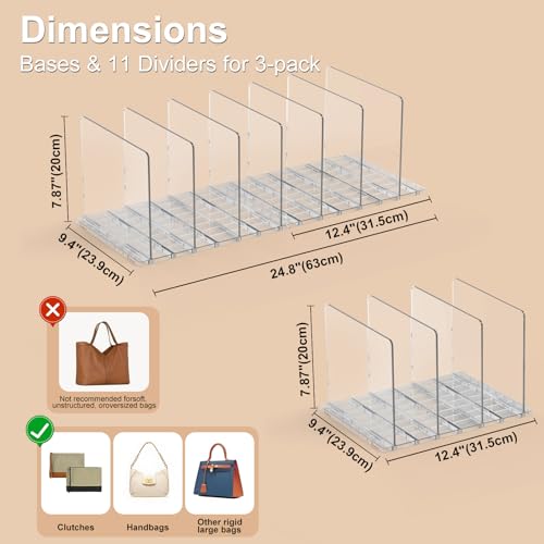 SortNStore Adjustable Clear Bag & Purse Organizer with 3 Bases & 11 Dividers