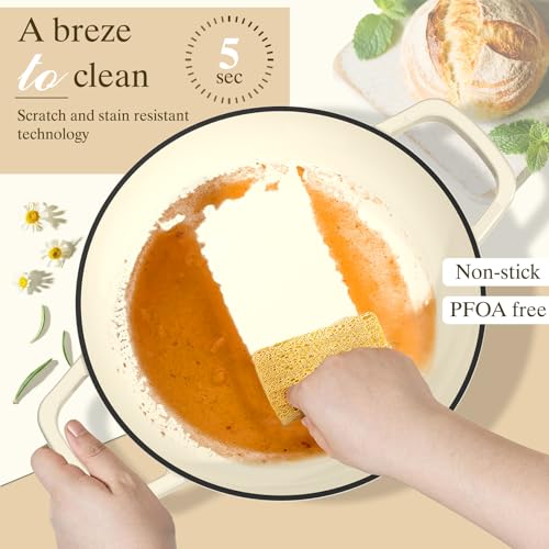 Enamelled Cast Iron Bread Oven 6 Qt Dutch Oven with Dome Lid & Cotton Potholders - Cream White
