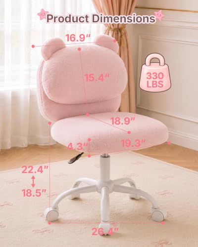 Pink Vanity Chair with Plush Teddy Fleece Bear Backrest - Movable Home Office Desk Seat