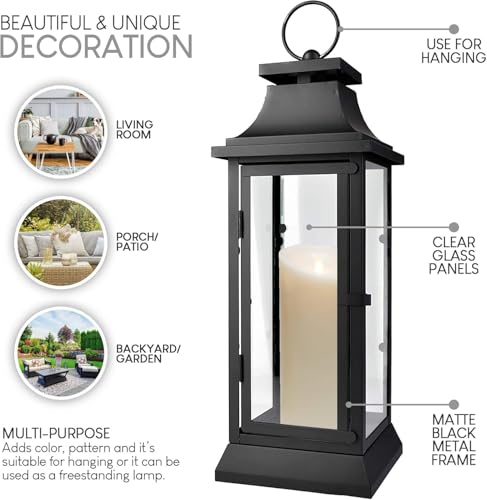 Large Black Metal Hurricane Lantern with Clear Glass Panels - 20 Inch Tall, Tabletop & Hanging Decor