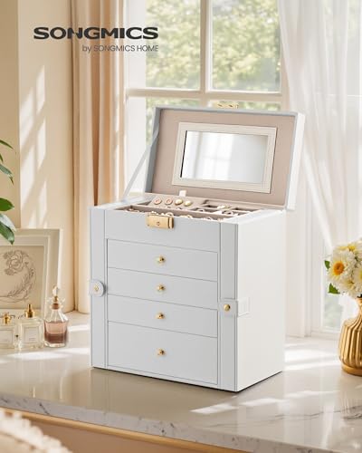 Jewelry Box Organizer 5 Tiers with Mirror & Lock - Cream White, 5-Layer