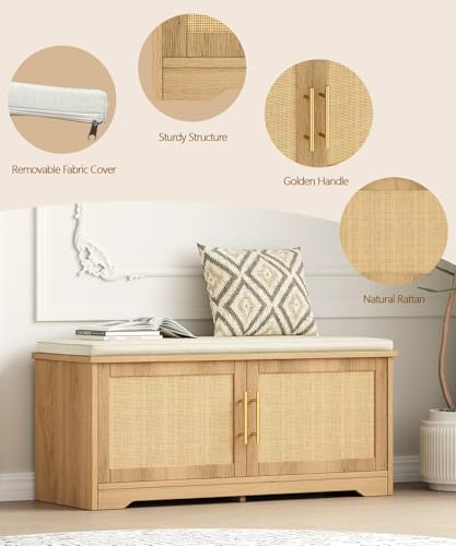 Zeibospri Rattan Shoe Storage Bench 39.4" Wide Entryway Bench with Adjustable Shelf, Natural Oak Finish, 13.8"D x 39.4"W x 17.9"H