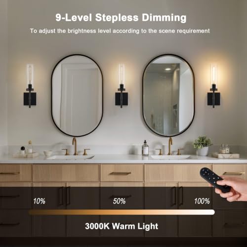 SANTOSTOCK Wireless Wall Sconces Set of 2 with Remote, Rechargeable 16 Inch Glass & Black Finish, Dimmable 3000K
