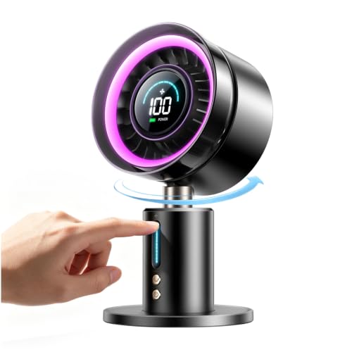 Black USB Rechargeable Desk Fan with 2-in-1 RGB Night Light, 180° Oscillation, 100 Speeds