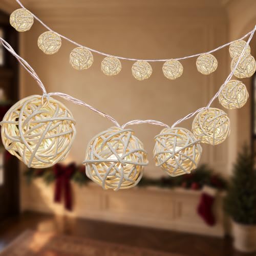 LAWOHO White 10.3 ft Christmas Garland with 20 Rattan Balls & LED Lights (Variant: White)