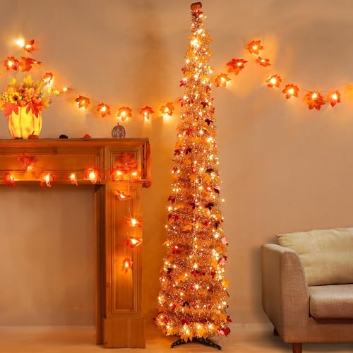 6FT Fall Tinsel Maples Tree with Lights - Battery Operated Fall Decor