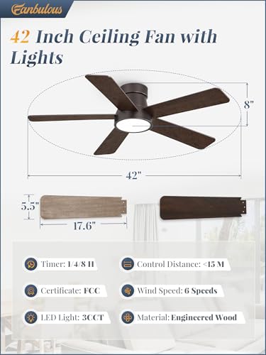 Fanbulous 42 Inch Modern Ceiling Fan with Light Remote Control, Flush Mount