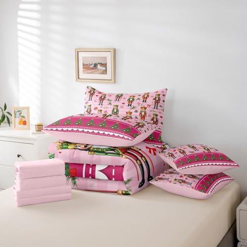 Erosebridal 7-Piece Pink Bow Comforter Set Full Bed in a Bag – Christmas Trees & Snowflake Design