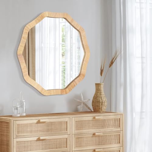 Decagonal Rattan Wicker Wall Mirror - 30 Inch Boho Wall Decor