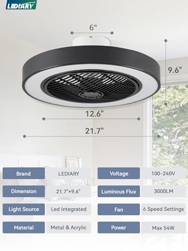 22 Inch Bladeless Enclosed LED Ceiling Fan Light with Remote - Black