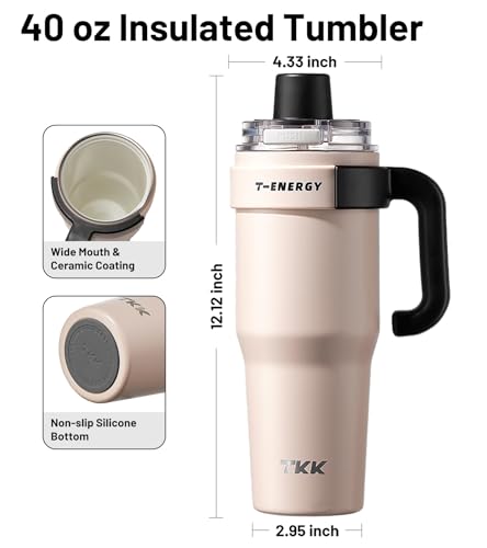 TKK 40 oz Pink Insulated Travel Mug with Handle & Straw – Double Wall Stainless Steel, Leak Proof, Wide Mouth Coffee Tumbler