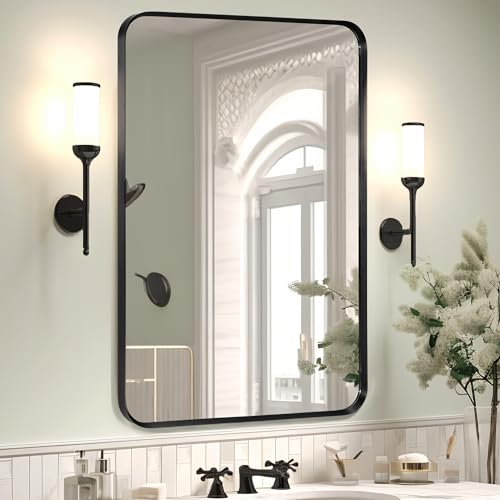 36 x 24 Inch Black Metal Framed Wall Mount Mirror for Bathroom & Bedroom - Minuover Rectangle