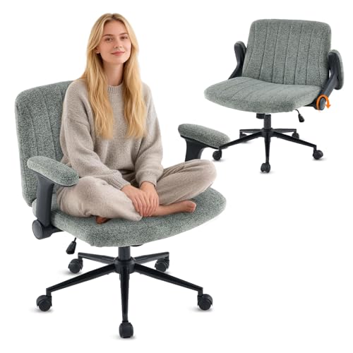 Dark Green Chenille Velvet Cross Legged Office Chair with Flip-Up Arms - Wide & Adjustable