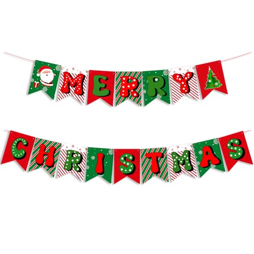 Red and Green Merry Christmas Banner - Indoor Outdoor Xmas Decorations for Home Fireplace