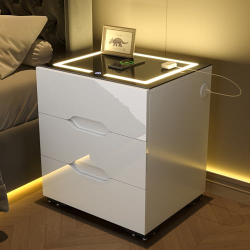 White Smart Nightstand with Wireless Charging & Adjustable LED Lights - 3 Drawer Bedside Table