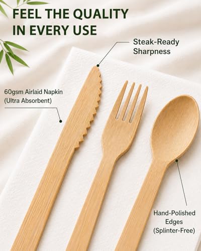 50 Pack Pre-Rolled Bamboo Silverware Set with Napkins - Eco-Friendly Disposable Utensils