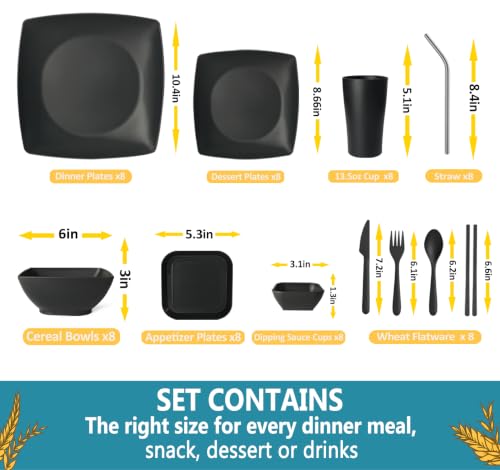Black 88-Piece Square Dinnerware & Flatware Set for 8 - Wheat Straw & Plastic
