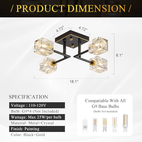 Poemoon Black Gold 18in Crystal Sputnik Chandelier 4-Light Ceiling Fixture