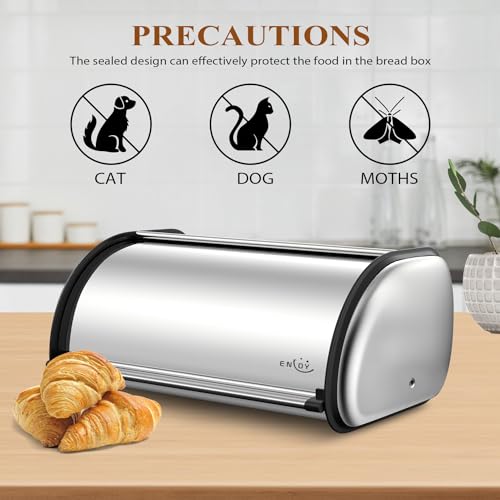 ENLOY Silver Stainless Steel Bread Box with Roll-Top Lid - Large Capacity Kitchen Organizer