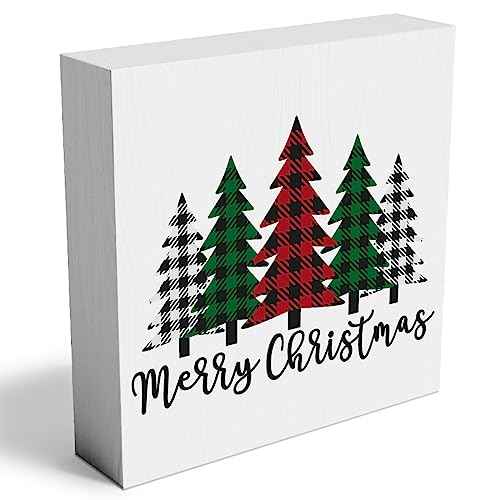 Funny Christmas Trees Wooden Box Sign Plaque Merry Christmas Wood Box Sign Rustic Art Home Shelf Desk Decor christmas tree decorations 5 x 5 x 1 Inches