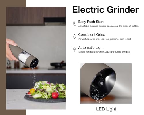 GORMODE 2-Pack Rechargeable LED Salt & Pepper Grinders, Adjustable Coarseness, One-Hand Operation, USB Charging, Dust Cover, Greige & Buttercream