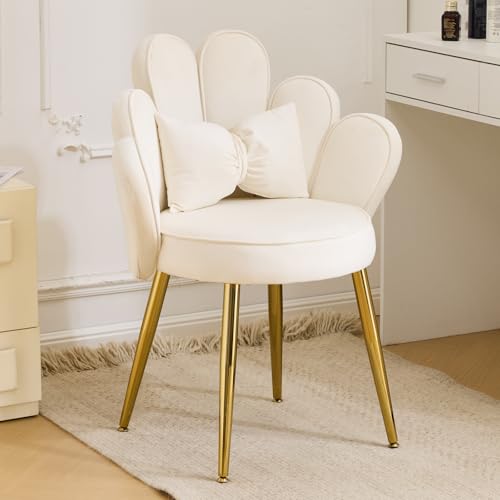 Petal Makeup Vanity Chair with Back - White Velvet & Flower Back Variation