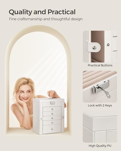 6 Tier Jewelry Box Organizer with Mirror & Lock - White