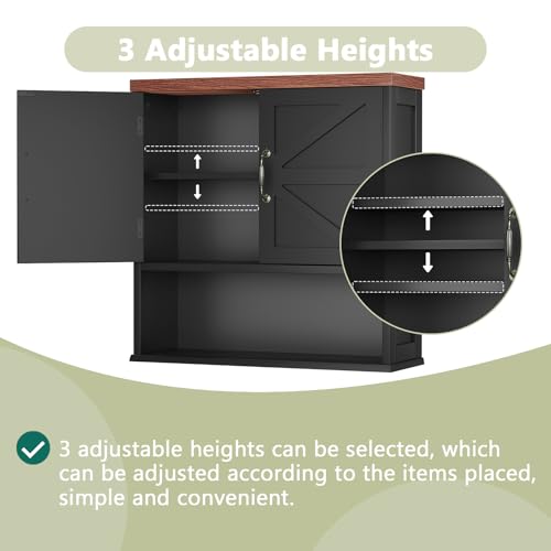 Smuxee Black Farmhouse Wall Mounted Bathroom Cabinet with Adjustable Shelves