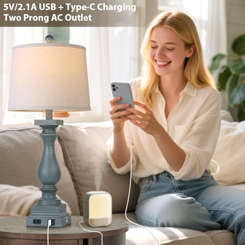 Farmhouse Table Lamps Set of 2 with USB-C & AC Outlets - Blue Vintage Nightstand Lamps - 3 Way Touch Control for Bedroom Living Room Office - Blue-2pack
