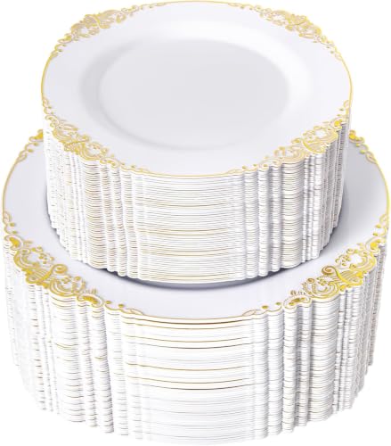 200PCS White and Gold Plates Disposable - Plastic for Wedding