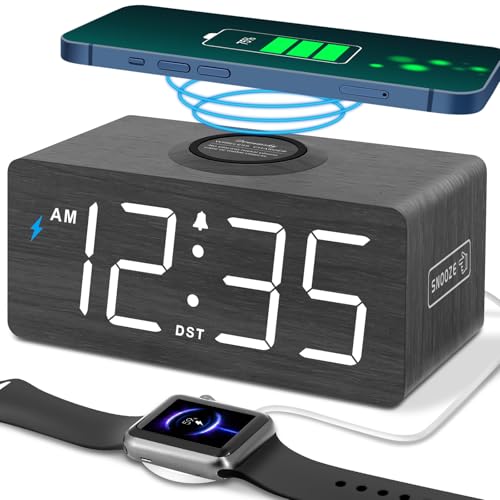 Black Wooden Digital Alarm Clock with Wireless Charging Station - DreamSky