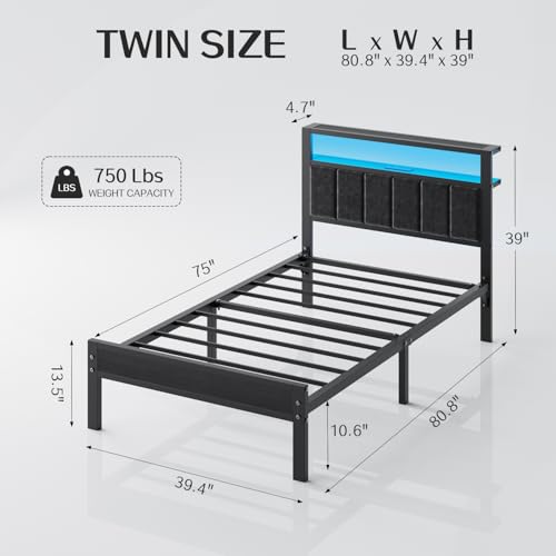 OLEVS Black Twin Bed Frame with LED Lights & USB Outlets, Storage Headboard